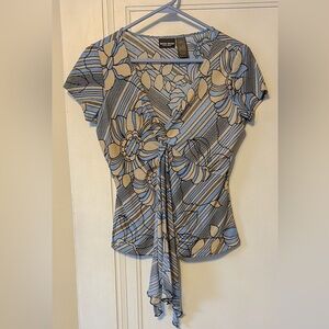 Bisou Bisou Blue and Tan Tie Front Fitted Blouse